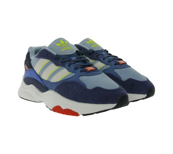 adidas RETROPY F90 J Damen Retro-Schuhe mit Echtleder Elementen Turnschuhe mit Torsionsstab Alltags-Sneaker im Vintage Look Schnür-Schuhe HQ2001 Blau/Weiß/Gelb