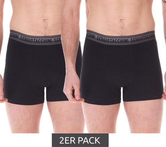 2er Pack Sergio Tacchini Herren Boxershorts mit zweifarbigen Bund und schwarzen Schriftzug Baumwoll-Unterhose 160gsm 23.0000.974 Schwarz