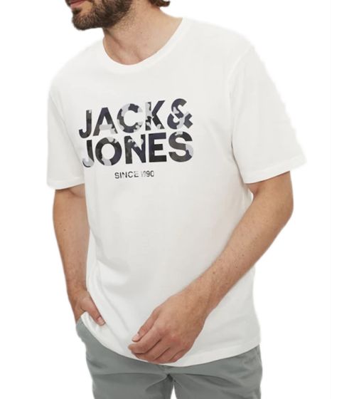 JACK & JONES men's round neck shirt, cotton shirt, T-shirt with branded camouflage lettering, short-sleeved shirt 12266155 cream white