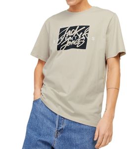 JACK & JONES men's round neck shirt, cotton shirt with lettering in graffiti style, T-shirt, short sleeve shirt 12268439 beige