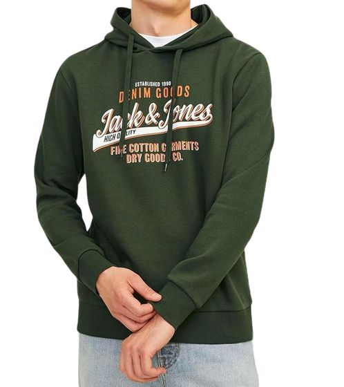 JACK & JONES men's hooded sweater cotton sweater with coloured accents in the lettering long-sleeved shirt 12255617 dark green