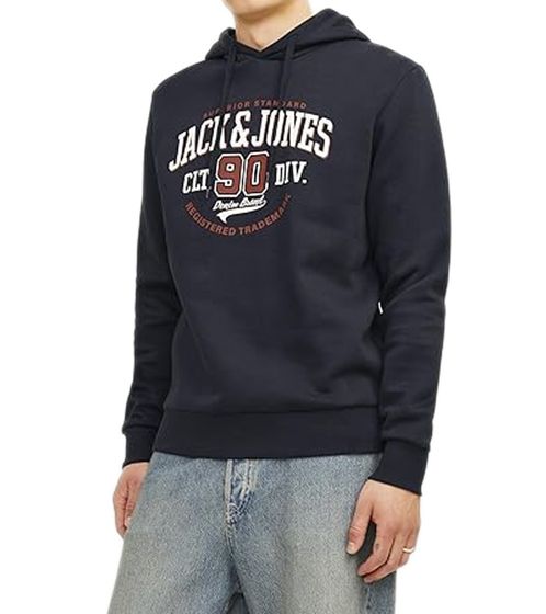 JACK & JONES men's hooded sweater cotton sweater with coloured accents in the lettering long-sleeved shirt 12255617 dark blue