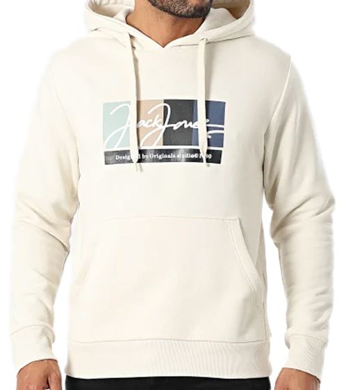 JACK & JONES men's hooded sweater with cotton content, long-sleeved shirt with colour accents 12262421 beige