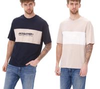 JACK & JONES Uomo Girocollo Camicia Cotone T-Shirt Manica Corta Camicia 12258883 Beige/Bianco o Blu Scuro/Beige