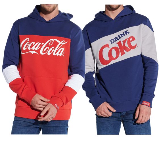 COURSE Coca Cola Herren Hoodie im Color-Blocking-Design Kapuzen-Pullover mit Coca Cola-Print oder Retro Coke-Print Baumwoll-Sweater Blau/Rot/Weiß oder Blau/Weiß