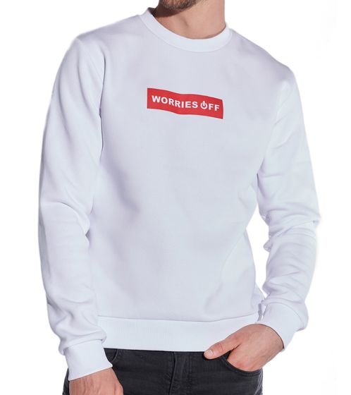 COURSE Herren Pullover mit Statement-Print "Worries Off" Rundhals-Pullover Baumwoll-Sweater 5045 Weiß