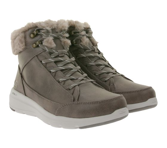 SKECHERS Damen Glacial Ultra Cozyly Ankle-Boots mit Ultra Go-Dämpfung Winter-Schuhe mit Air-Cooled Goga Mat-Innensohle 144178 Braun/Grau