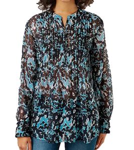 Aniston Damen Sommer-Bluse mit Rüschen-Details Langarm-Shirt mit Allover-Print und Reißverschluss 78421659 Blau