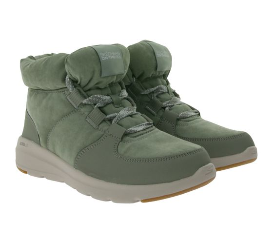 SKECHERS Damen Glacial Ultra Trend Up Ankle-Boots mit Ultra Go-Dämpfung Winter-Schuhe mit Air Cooled-Goga Mat 144194 Oliv-Grün