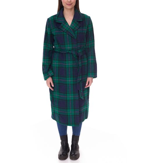 DELMAO women's coat checked autumn jacket with lapel collar and tie belt 17844429 green/blue