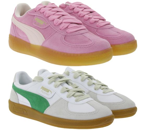 PUMA Damen Echtleder-Schuhe mit farblichen Akzenten Freizeit-Sneaker Low Schnür-Schuhe Palermo in Weiß/Beige/Grün oder Palermo Moda Xtra in Rosa/Weiß