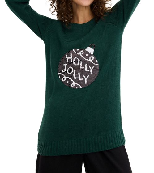 Women's Christmas sweater with reversible sequins in a Christmas tree ball look, knitted sweater, round neck sweater 960129 green