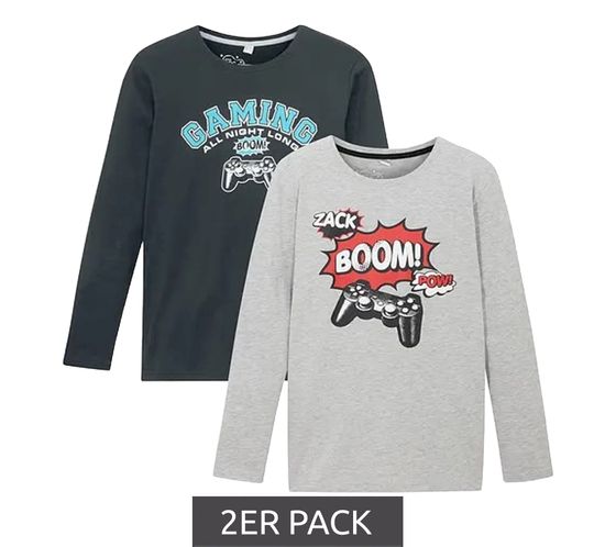 Pack of 2 children's long-sleeved shirts for boys, cotton shirt with gamer print, summer shirt 909754 black/gray