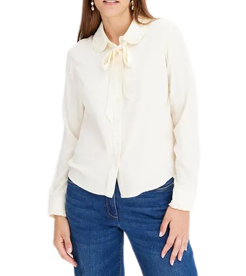 Women's summer blouse with ruffle collar and tie band, long-sleeved shirt 957335 white