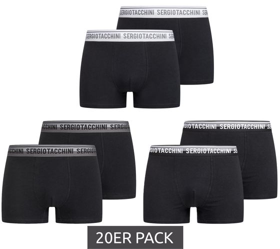 20er Pack Sergio Tacchini Herren Boxershorts mit zweifarbigen Bund und weißen Schriftzug Baumwoll-Unterhose 160gsm 23.0000.974 Schwarz/Weiß, Schwarz/Grau oder Schwarz