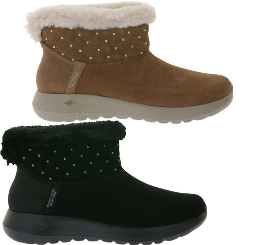 Bottines à enfiler mains libres SKECHERS On-The-Go Joy-Cozy Shimmer pour femmes avec mousse à mémoire de forme refroidie par air Chaussures d'hiver à enfiler avec Scotchgard 144816 Noir ou marron