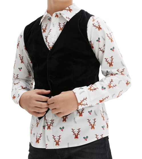 Children's set of cotton shirt and velvet vest with Christmas reindeer print for boys and teenagers, black/white