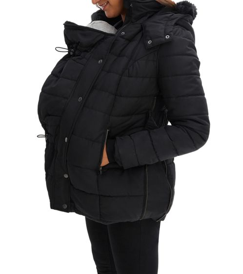 Damen Umstand-Jacke mit Gürtel Winter-Jacke Kapuzen-Jacke mit abnehmbarem Fellrand Schwangerschaftsmode 921423 Schwarz