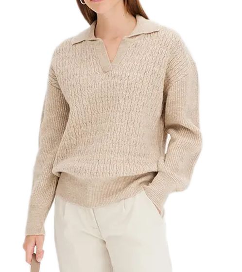 Damen Strick-Pullover mit Ajourmuster weicher Winter-Pullover mit V-Ausschnitt Langarm-Shirt 930657 Beige