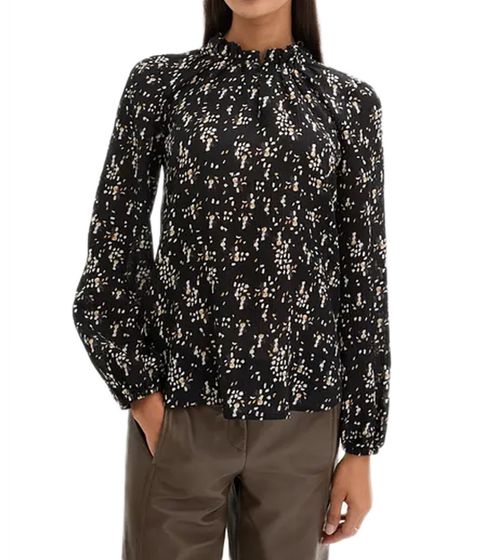 Women's Summer Blouse with Silk Content Thin Wool Blouse Crinkle Tunic Long Sleeve Shirt 974161 Black