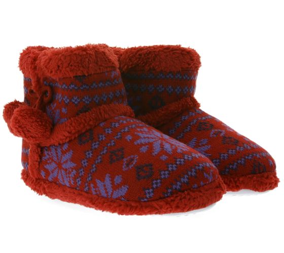 Damen Hausschuhe mit zwei dekorativen Bommeln am Schaft Pantoletten im winterlichen Design Hausschuh-Booties 918684 Rot