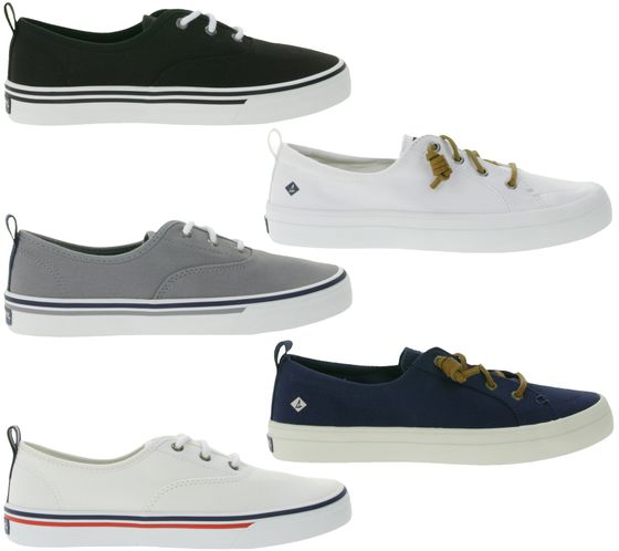 Baskets décontractées pour femmes SPERRY Crest CVO ou Vibe Canvas avec semelle en mousse à mémoire de forme. Chaussures de tous les jours. Chaussures à lacets. Chaussures à enfiler. Blanc, gris, noir ou bleu foncé.