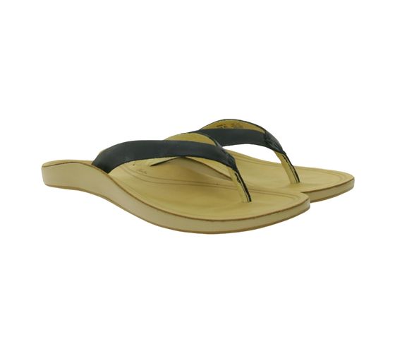 Sandales en cuir véritable pour femmes OluKai Nonohe, pantoufles d'été avec séparateur d'orteils et semelle extérieure en caoutchouc antidérapant 20440-40GS Noir