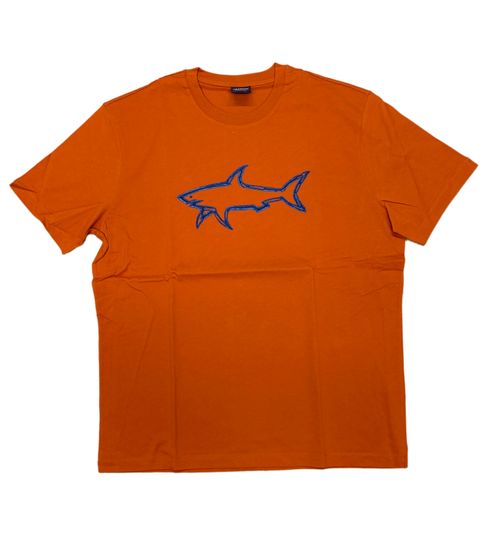 PAUL & SHARK Herren T-Shirt Baumwoll-Shirt mit großem Hai-Print Kurzarm-Shirt Rundhals-Shirt 12311633 973 Orange