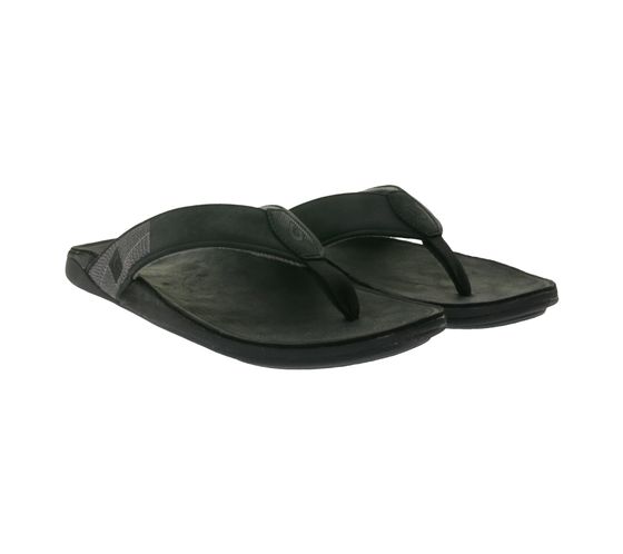 OluKai Tuahine men's flip flops, genuine leather sandals, summer shoes with wet-grip sole 10465-4040 black