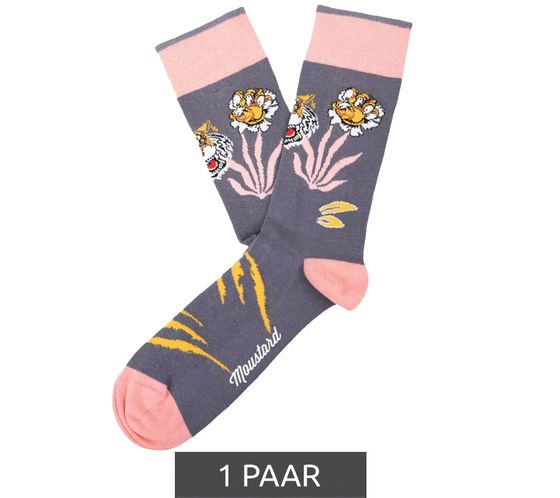 1 paire de chaussettes en coton bengal moutarde avec motif tigre du Bengale chaussettes longues 22S-BENGAL Gris/Rose