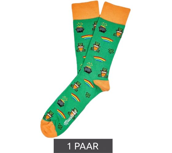 1 pair of Moustard St. Patrick's men's cotton socks with rainbow and gold pot all-over print patterned long socks 17S-SPATR green/orange/white