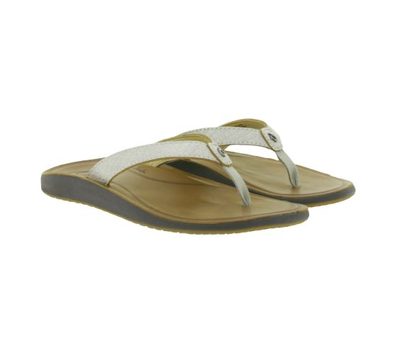 OluKai Pua Damen Echtleder-Sandalette Zehentrenner Sommer-Schlappen Latschen 20289-FAFM Silber/Gold/Braun