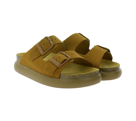 Scholl Noelle Chunky Damen Echtleder-Sandalette Sommer-Schlappen mit Kork-Fußbett und Plateau F31134 1170 Braun