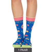 1 pair of Moustard Digipet cotton socks Tamagotchi design retro gameplay patterned long socks 22S-DIGI dark blue/pink/yellow
