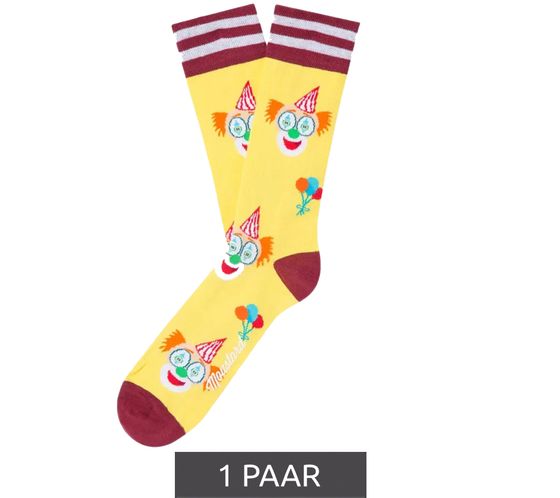 1 pair of Moustard clown cotton socks with clown print and balloons patterned long socks 20S-CLOWN-W yellow/red/white