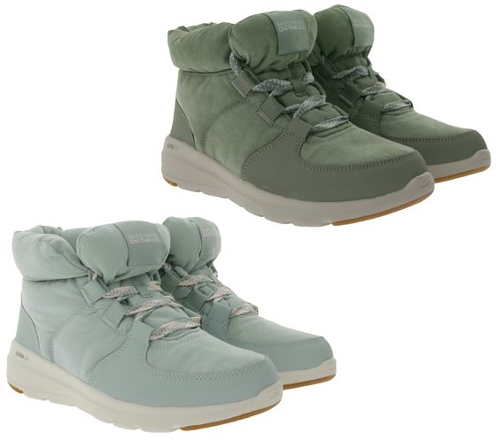 SKECHERS Damen Glacial Ultra Trend Up Ankle-Boots mit Ultra Go-Dämpfung Winter-Schuhe mit Air Cooled-Goga Mat 144194 Türkis/Blau oder Oliv-Grün