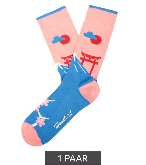 1 pairs of Moustard cotton socks with a light cherry blossom pattern, patterned long socks 22S-FUJI pink/blue/red/white