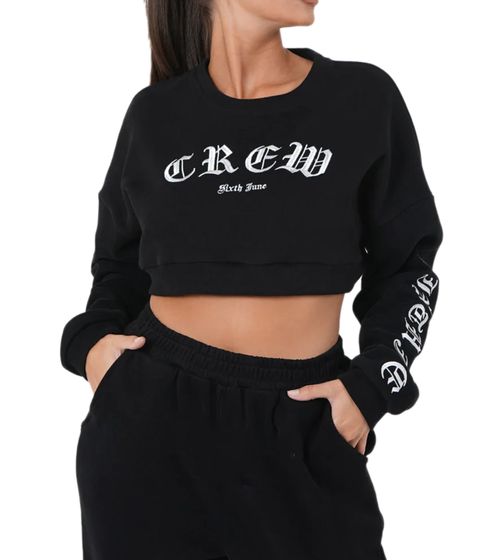 Sixth June Gothic Embroidery Damen Crop-Pullover mit großer CREW Sixth June Stickerei  Rundhals-Pullover Langarm-Shirt 12044 Schwarz