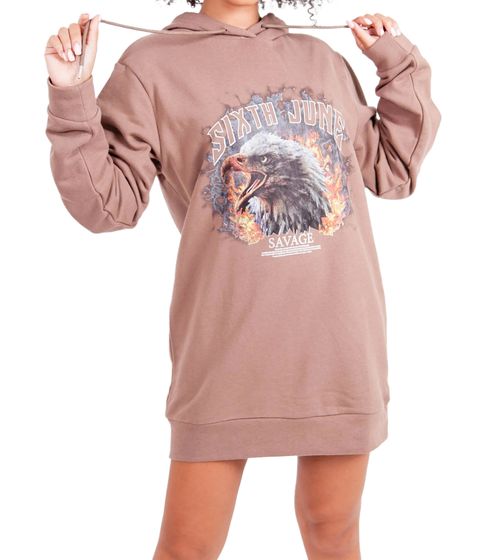 Sixth June Eagle Savage women's sweat dress with large eagle print, pullover dress with hood, long-sleeved dress 32648 brown