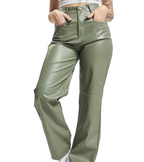 Sixth June Damen Kunstleder-Hose Schlag-Hose mit Marken Stickerei Alltags-Hose W33612CPA Khaki