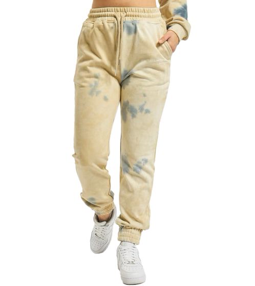 Sixth June Tie Dye Damen Jogging-Hose in Batik-Optik Sport-Hose mit kleinem Logo-Print Fitness-Hose 32701 Beige