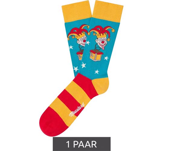 1 pair of Moustard Jack in the Box cotton socks, box devil design, striped long socks 20S-JACK red/yellow/blue