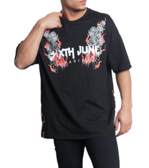 Sixth June Herren Baumwoll-Shirt Rundhals-Shirt mit Feuer und Rosen-Print T-Shirt M2530VTS Schwarz