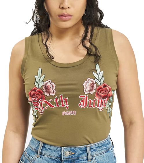 Sixth June Damen ärmelloser Bodysuit mit Blumen-Print Sommermode W3175VBO Khaki