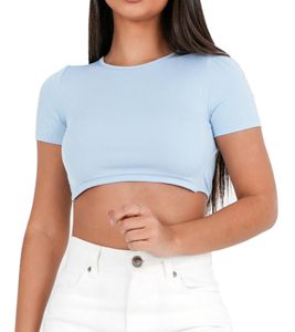 Chemise d'été côtelée à manches courtes et découpe au dos pour femme de Sixth June W33854KTO-L Bleu clair Chemise d'été côtelée à manches courtes et découpe au dos pour femme de Sixth June W33854KTO-L Bleu clair