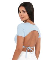 Sixth June Damen Crop-Top geripptes Sommer-Shirt mit Rückenausschnitt Kurzarm-Shirt W33854KTO-L Hellblau