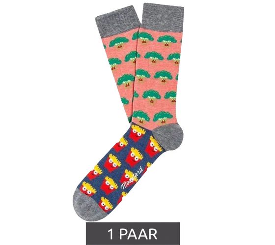 1 pair of Moustard Broccoli vs Fries men's cotton socks with fries and broccoli all-over print patterned long socks 18S-BROC gray/pink/yellow