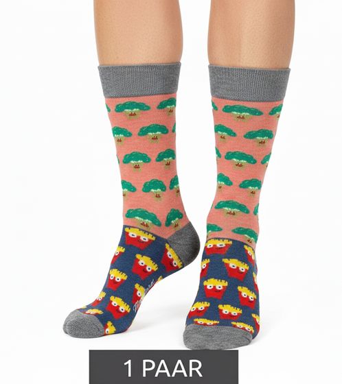 1 Paar Moustard Broccoli vs Fries Herren Baumwoll-Socken mit Pommes und Brokkoli Allover-Print gemusterte lange Strümpfe 18S-BROC Grau/Rosa/Gelb