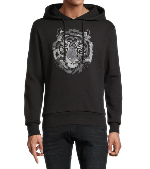 COURSE Herren Hoodie mit Tiger-Print Kapuzen-Pullover Baumwoll-Sweater 906851 Schwarz