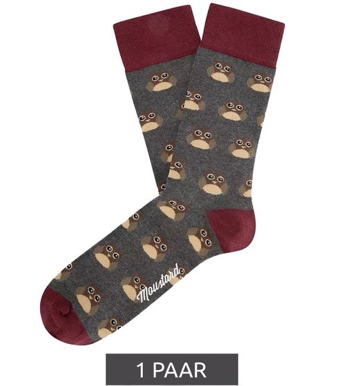 1 Paar Moustard Owl  Baumwoll-Socken mit Eulen-Allover-Print gemusterte lange Strümpfe 20S-OWL Grau/Rot/Beige